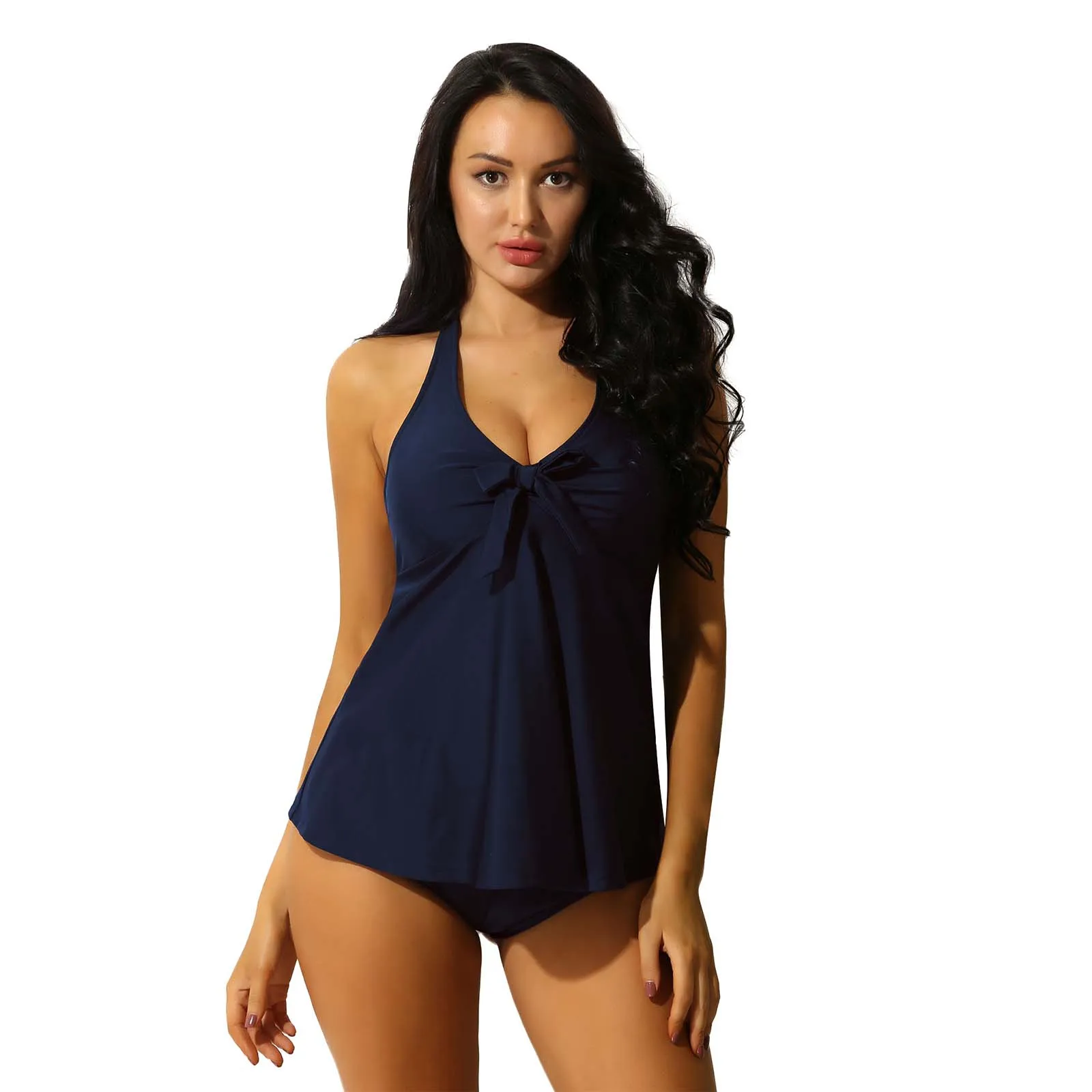 TiaoBug Summer 2Pcs Women Tankini Set Solid Color Tummy Control
