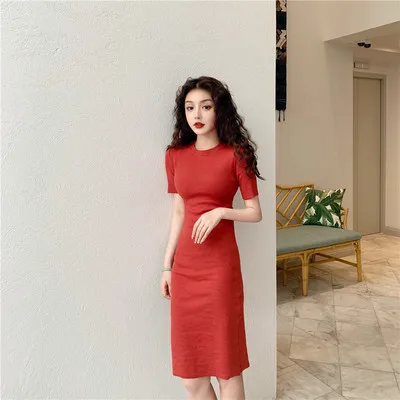 Cinnabar red Женское сексуальное платье, однотонное, короткий рукав, круглый воротник, летнее повседневное обтягивающее платье для девочек - Цвет: Cinnabar red