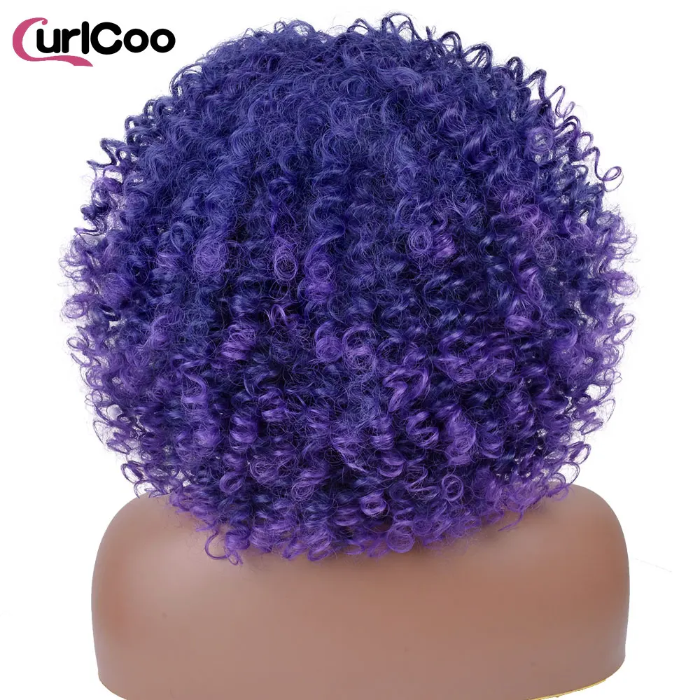 Short Afro Kinky Curly Wigs With Bangs For Black Women Synthetic Ombre Natural Heat Resistant Hair Brown Cosplay Highlight Wigs