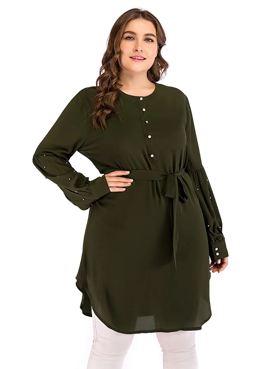 2072#Plus Size Fashion Design Blouse Mujer Chiffon High Quality Belt Tied Waist - CHAOMENG MUSLIM SHOP