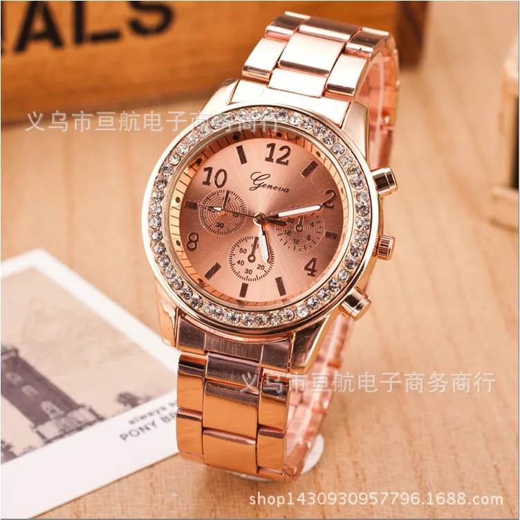

Hot Selling Geneva Steel Watch Geneva Three-Eyed with Numbers Measuring Diamond Set Men And Women Quartz Diamond Watch