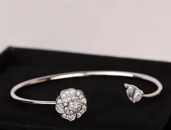 

silver color Romantic crystal Camellia Bracelet fashion Teardrop Charms flower bracelet Open bangle wedding party jewelry
