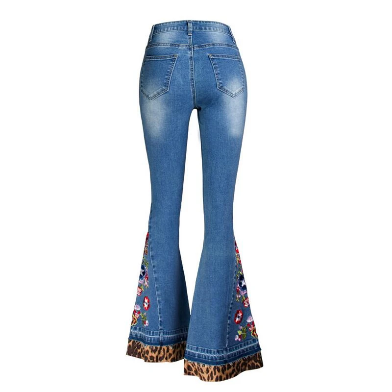 Women Fashion Leopard Patchwork Denim Jeans Stretch Skinny Jean Ladies Casual Flares Pants Quality flower Embroidery Trousers