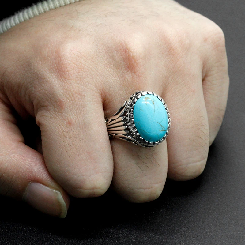 Natural Turquoise Stone Ring for Men 925 Sterling Silver Vintage Statement Oval Blue Stone Men’s Ring Turkish Handmade Jewelry - Image 3