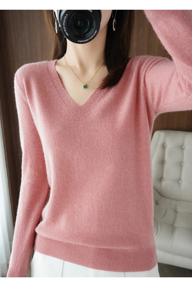 Autumn Winter New Cashmere Sweater Women Keep Warm V-neck Pullovers Knitting Sweater Fashion Korean Long Sleeve Loose Tops