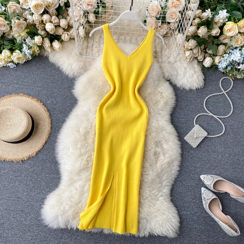 2020 sexy Slim v neck Knitted Midi Dress tank sundresss vestido de fiesta split Summer Party Women Casual Knee Length dress