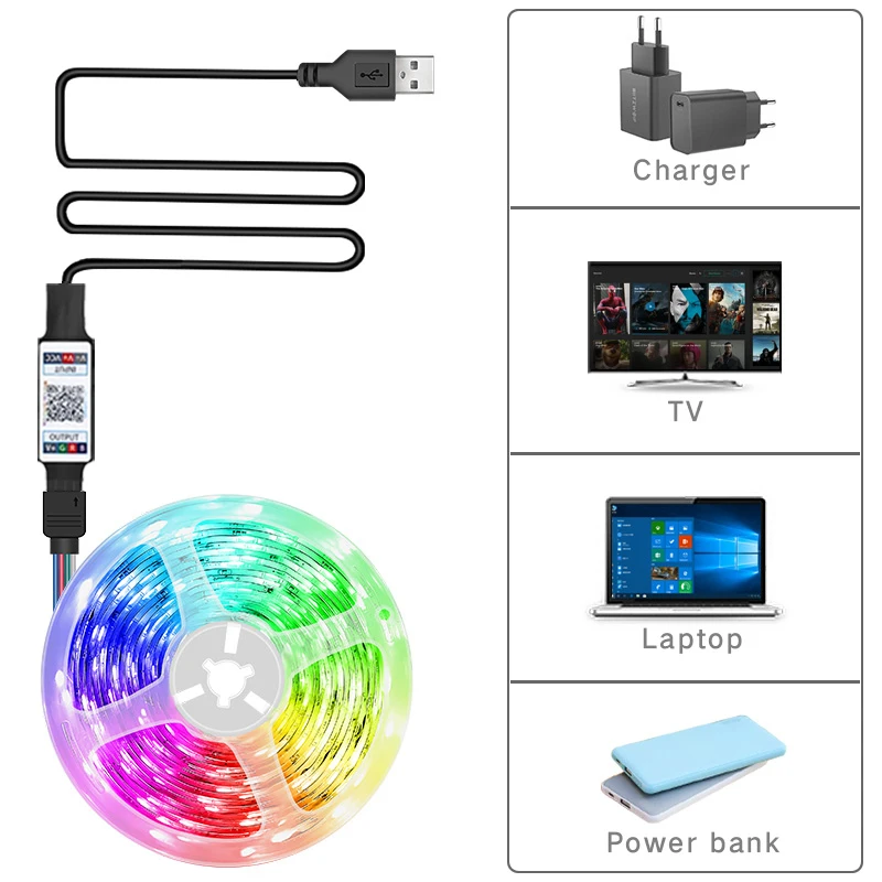 RGB 5050 Led Strip Light Bluetooth App Control 5V USB Led Tape Flexible  Ribbon Diode Tape for TV Backlight Room Decoration