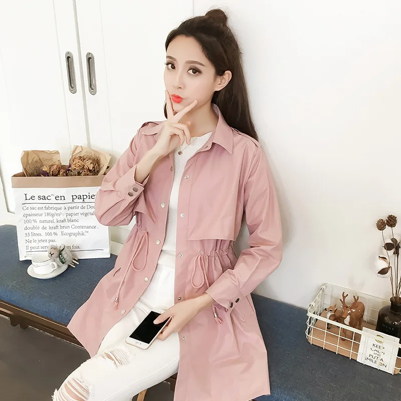 

2018 Autumn New Style Trench Coat WOMEN'S Dress Turn-down Collar Coat Mid-length Lace-up Drawstring Slim Fit in Long Sleeve