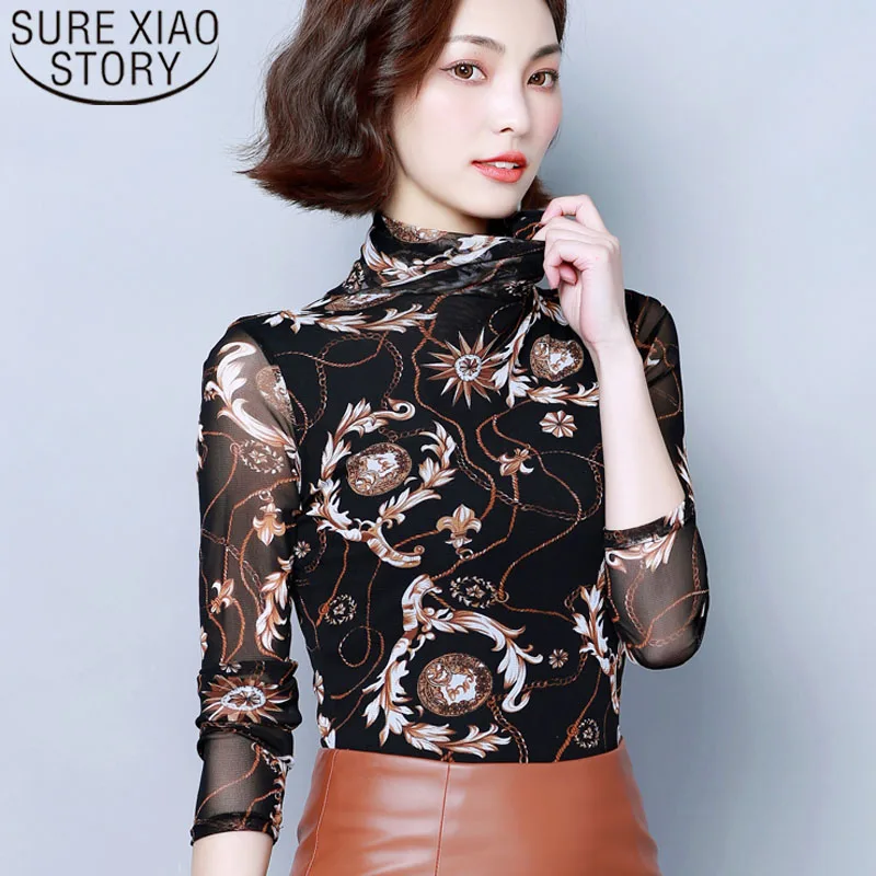 

Elegant Fashion Women Printed Basic Shirts 2019 Autumn Long Sleeve Turtleneck Thin Women Top Casual Plus Size Ladies Top 6252 50