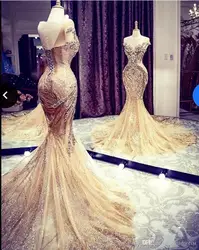 Gold Prom Dresses Mermaid African Evening Gowns Sheer Jewel Beaded Backless Modest Formal Party Special Occasion robe de soirée