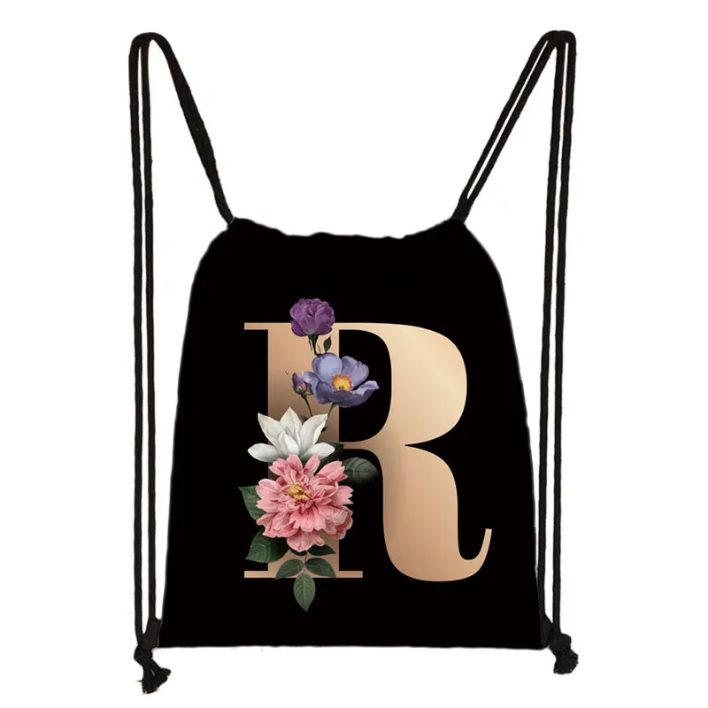 Floral Letters Backpack 26 Initials A-Z Women Shoulder Bags Bridesmaid Drawstring Bag Bridal Party Storage Bags Shoes Holder 