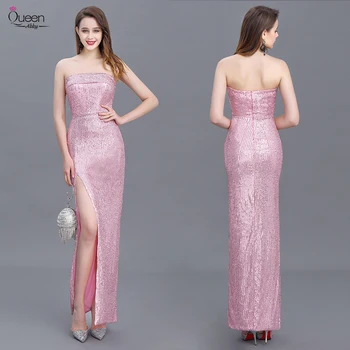 

Stapless Evening Dress Mermaid Sleeveless Ankle-length Sequined Split Front Dress Zipper-up Dress for Party