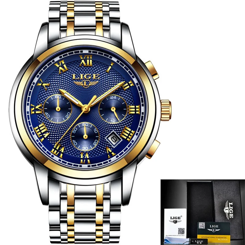 S gold blue LIGE Мужские Роскошные автоматические механические часы классические деловые мужские часы Tourbillon водонепроницаемые мужские наручные часы Relogio Masculino+ коробка - Цвет: S gold blue