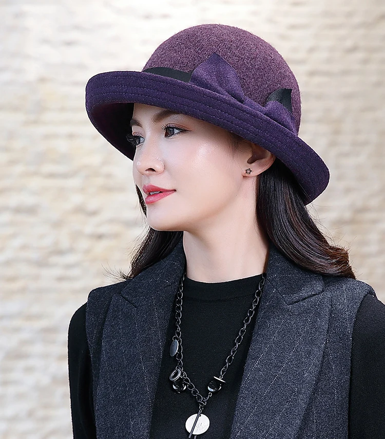 FS Fashion Gray Purple Women Wool Felt Bucket Hats Vintage Ladies Cloche Derby Bowler Cap with Bowknot Elegant Autumn Winter