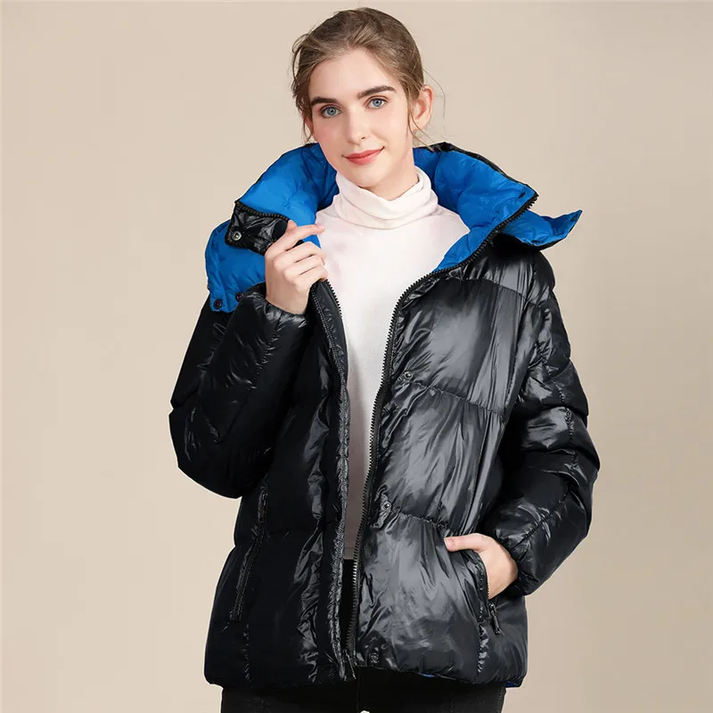 

Oversize Down Coats Women Fluffy Down Jacket Winter Casual Zipper Hooded Collar Bright Medium Length Pocket Coat Clothing
