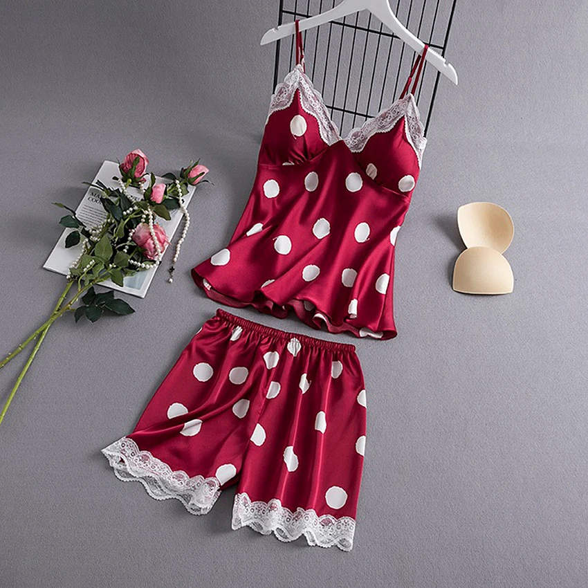

Suphis 2 Pieces Polka Dot Pyjamas Women Sexy Lingerie Sleepwear Set Casual Satin Pajama Female Sexy Lounge Sets Pijama Mujer