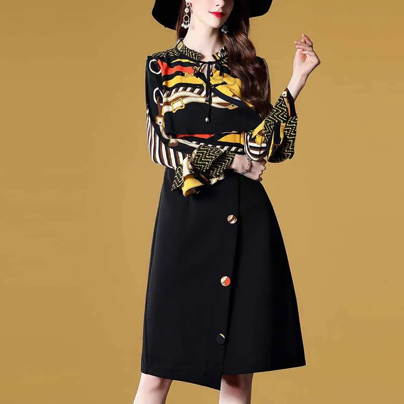 

Ozhouzhan 2019 Spring Clothing New Style Flounced Printed Splicing Dress Women's Slim Fit Asymmetric Skirt-