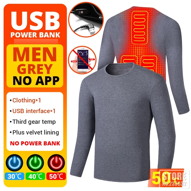 Winter Heated Underwear Suit Smart Phone APP Control Temperature USB Battery Powered  Fleece Thermal Motorcycle Jacket NEW 3 Area Men Grey