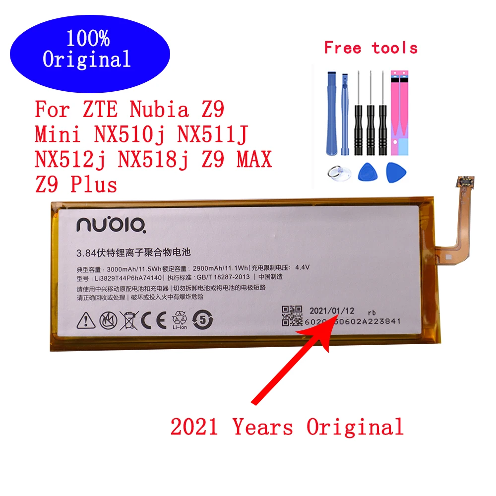 

2021 Years Original 3000mAh Li3829T44P6hA74140 For ZTE Nubia Z9 Mini NX510j NX511J NX512j NX518j Z9 MAX Z9 Plus Battery+tools