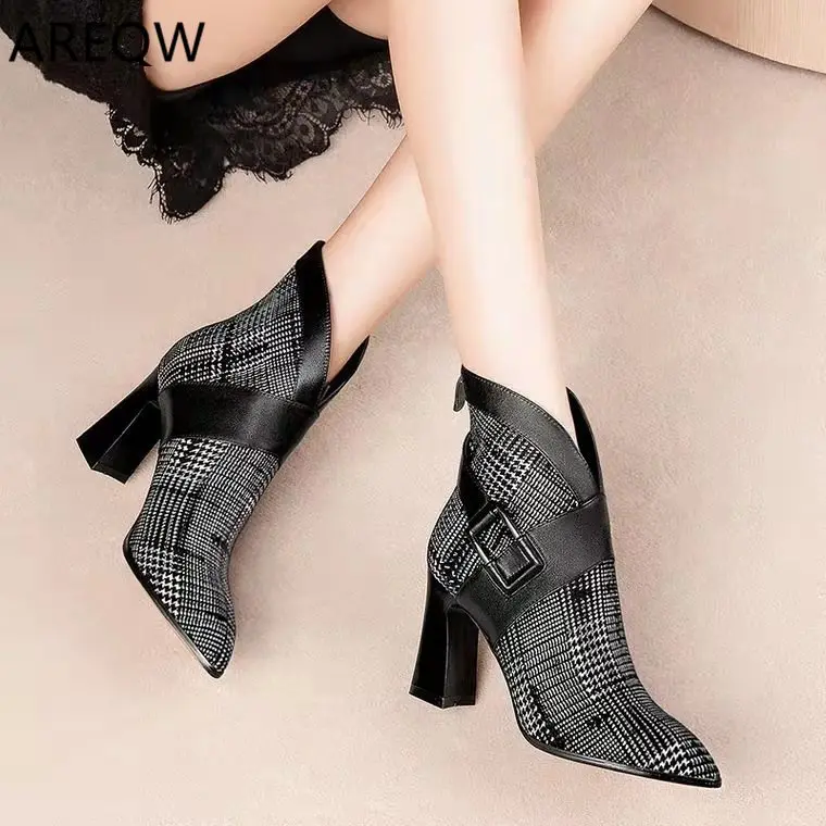 Sexy Women Boots Autumn and Winter V-Neck High Heels Ankle Shoes Boots Leather Booties Feminina Woman Wedding Party Shoes