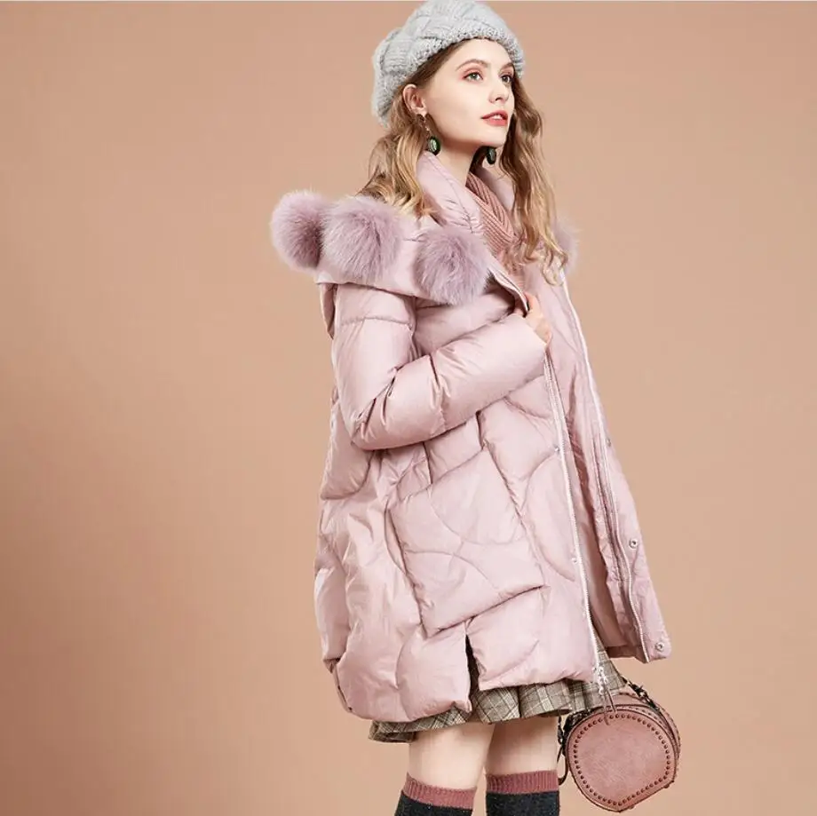 

Women Winter White Duck Down Coat fashion Fur Pompom Collar Hooded Female Warm down Outwear with Pockets r2259