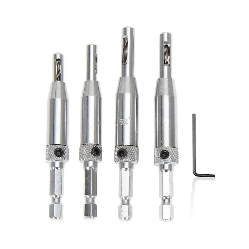 

4pcs/set Center Drill Bit Doors Self Centering Hinge Tapper Core Drill Bit Set Hole Puncher Woodworking Tools 5/64"-11/64" 72XD