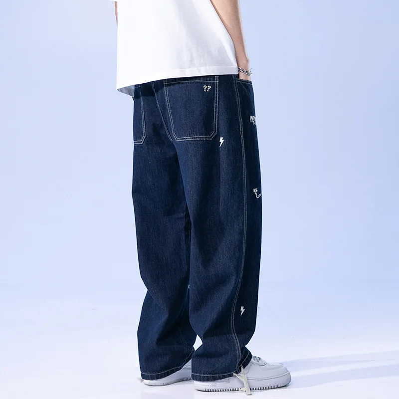 Man Loose Jeans Embroidered Straight  Pants Korean Streetwear Wide Leg Pants Men's Blue Hip Hop Harajuku Fashion Casual Trousers 2