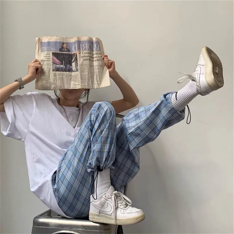 

Plaid Print Pants Women Casual Loose Drawstring Sweatpants High Waist Streetwear Elastic Waist Hem Straight Lounge Jogger Pants