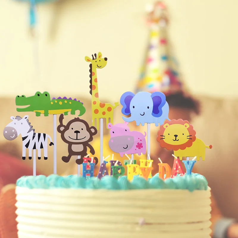 

Cartoon Giraffe Lion Elephant Fox Owl Cake Toppers Birthday Cake Decor Tree Cake Flags Jungle Animal Party Supplies Kids Favors