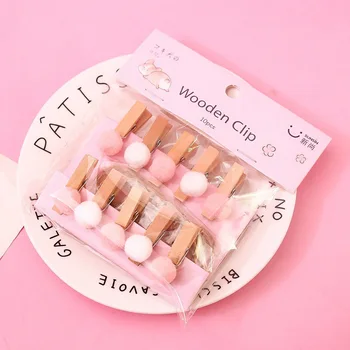 

10 Pcs/Set Creative Pink and Blue Hairball Wooden Clip Photo Clips with Hemp Rope Party Decoration Clip