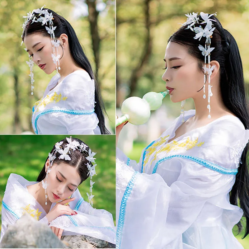 QIANJI Hanfu супер фея головной убор с кисточками полный набор древний стиль красивая заколка ювелирные изделия бабочка шпилька