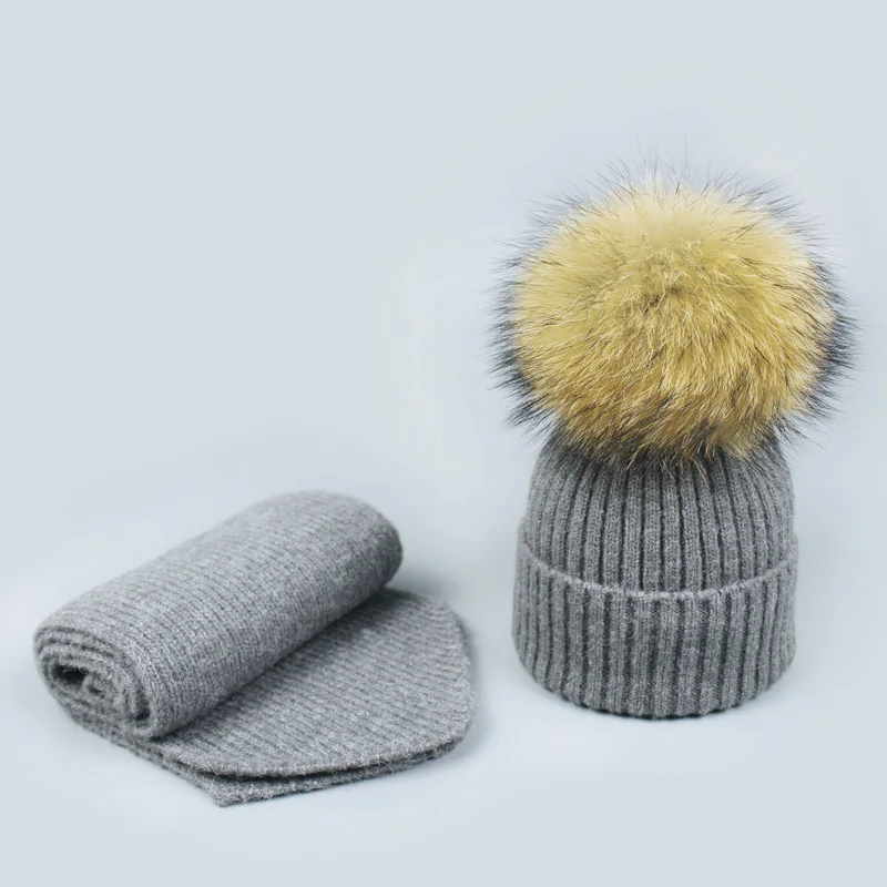 Beanie Cap Winter PomPon Knitted Children Cap Adult Scarf Hat Set Hat Women Men Acrylic Unisex Solid Color Keep Warm Elastic - Цвет: D