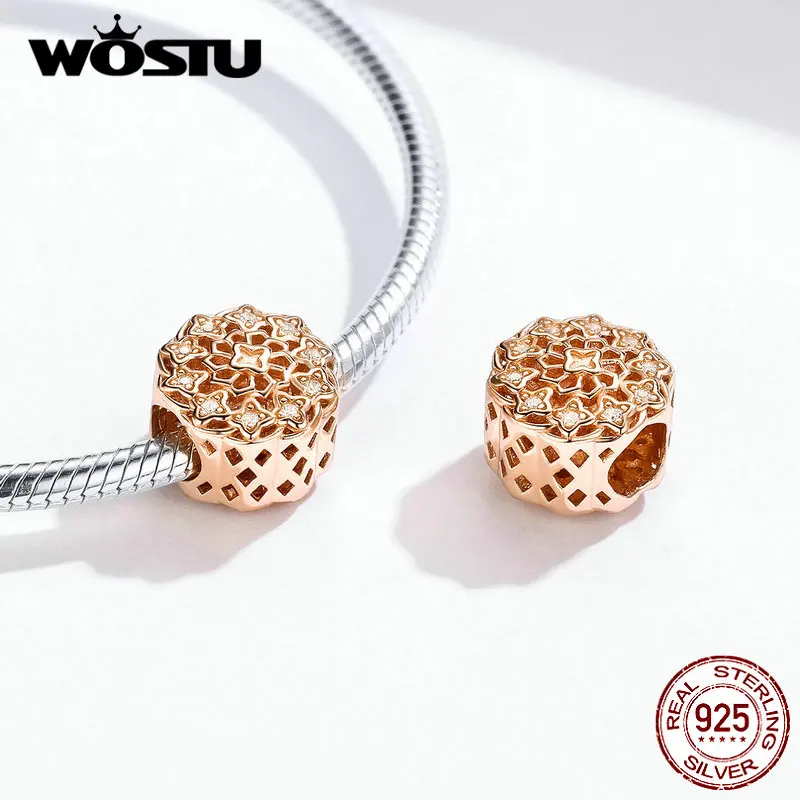 WOSTU, 925 пробы, серебро, вдохновляющий цветок, круглые амулеты, розовое золото, бусины, подходят к оригинальным браслетам, подвеска, ювелирное изделие, FIC1279