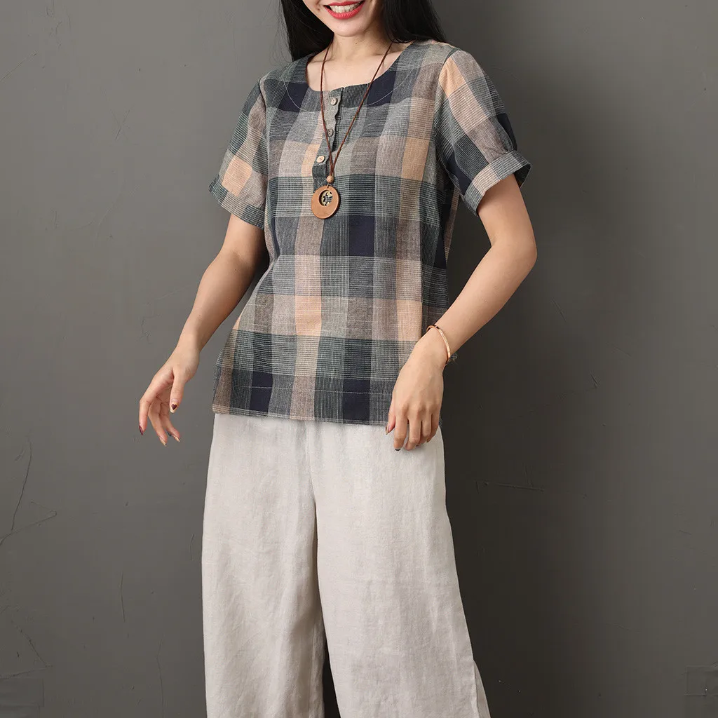 Женская винтажная клетчатая Повседневная футболка с принтом Ретро коротким