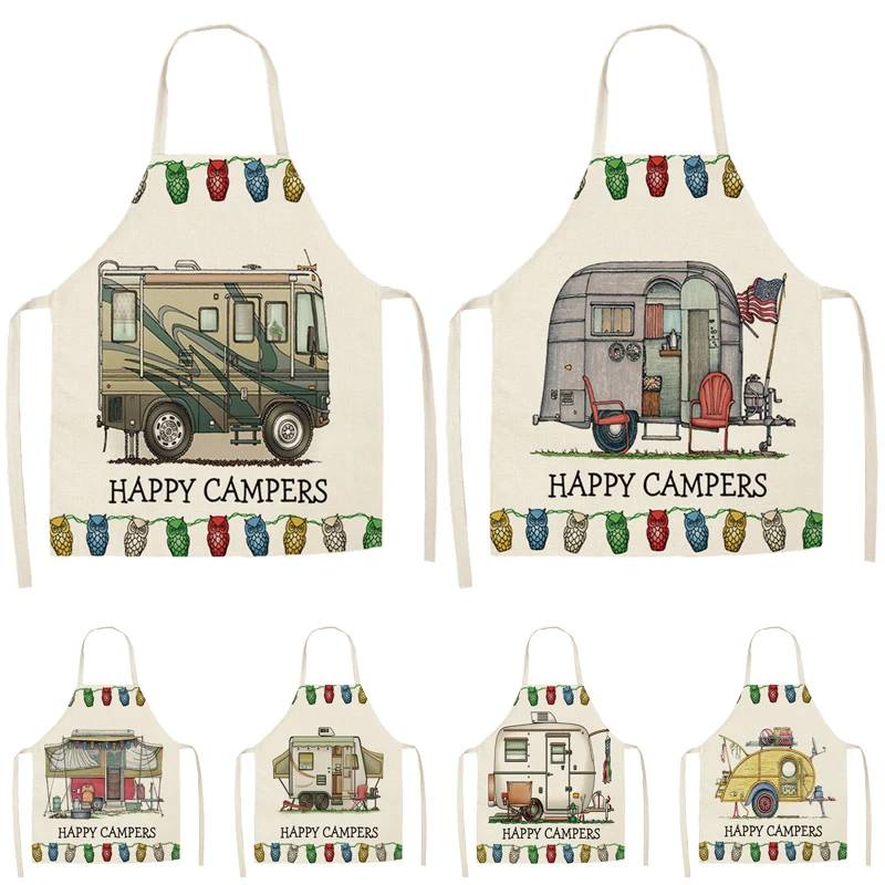 

1Pcs Colorful RV Comics Pattern Cleaning Aprons Home Cooking Kitchen Apron Cook Wear Cotton Linen Adult Bibs 53*65cm WQL0181