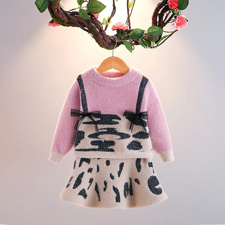 New winter girl A word skirt 2pcs suit children imitated mink sweater leopard two-piece sets