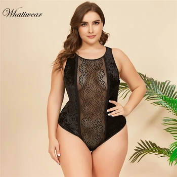 

Whatiwear 2019 Plus Size O-Neck Embroidery Bodysuit Women Strap Backless Transparent Sexy Lace Body Romper Summer Jumpsuit