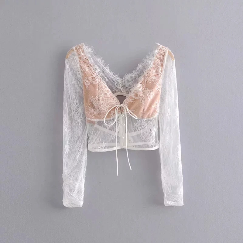 Увядший модный блоггер кружева сплайсинга винтажный буф рукав короткие blusas mujer de moda кимоно рубашка женские топы и блузки