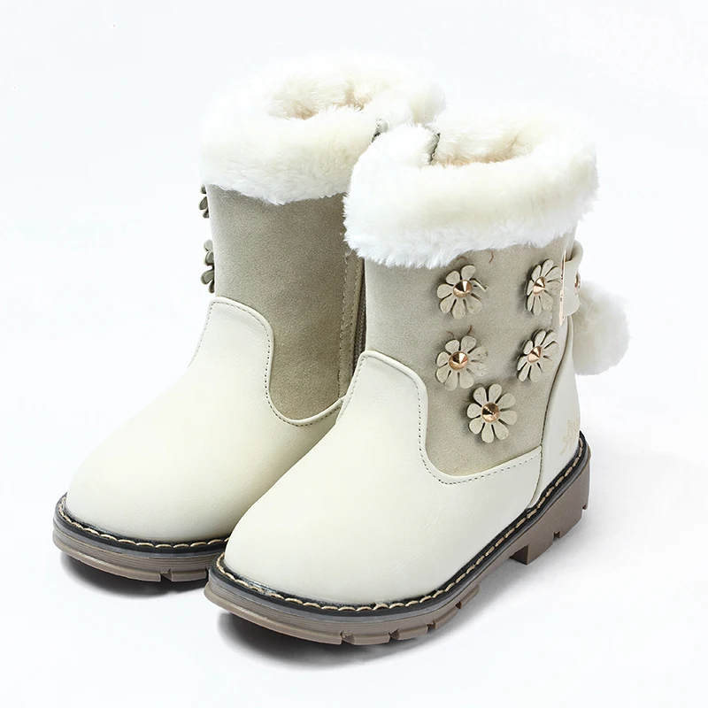 Winter girls boots thickening rabbit fur princess cotton boots cashmere snow boots cattle tendons bottom non-slip girls boots - Цвет: Бежевый