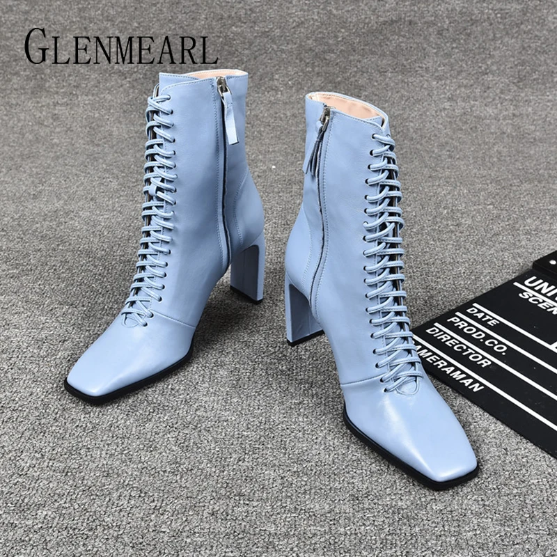 Najtaniej Kobiety skórzane buty modne szpilki buty zimowe zasznurować kobieta Martin buty kwadratowe Toe botki buty damskie obcasy