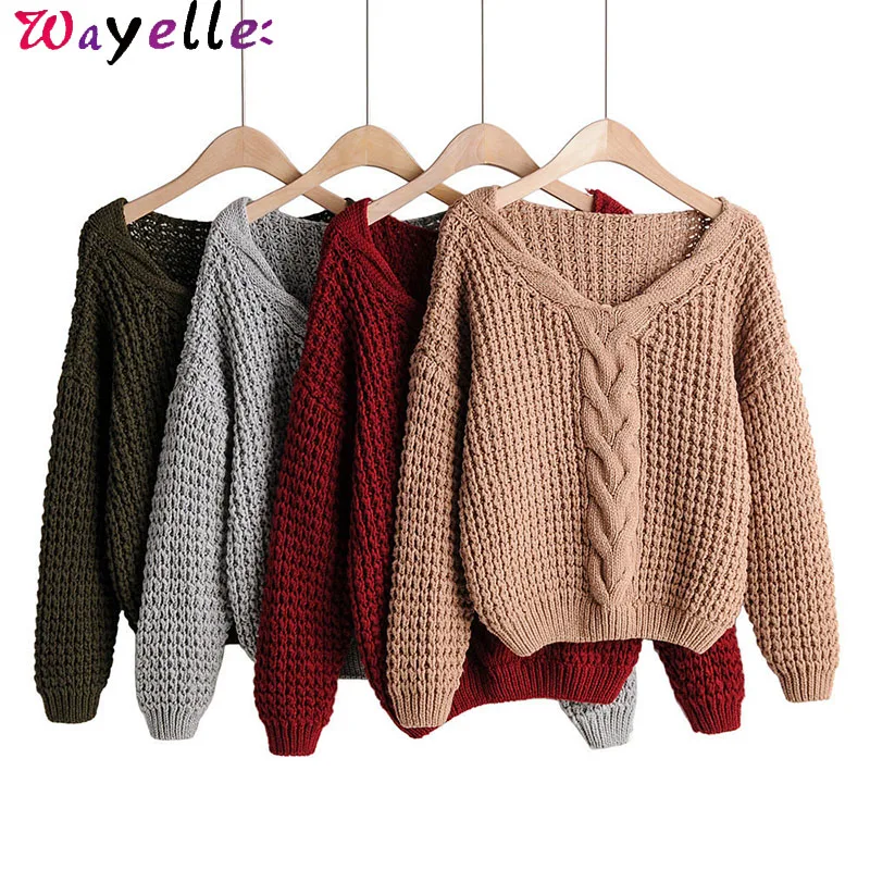 

Elegant Twist Sweater Women 2019 Winter Short Style Batwing Long Sleeve V Neck Stretchy Loose Knitted Sweater Pullovers Women