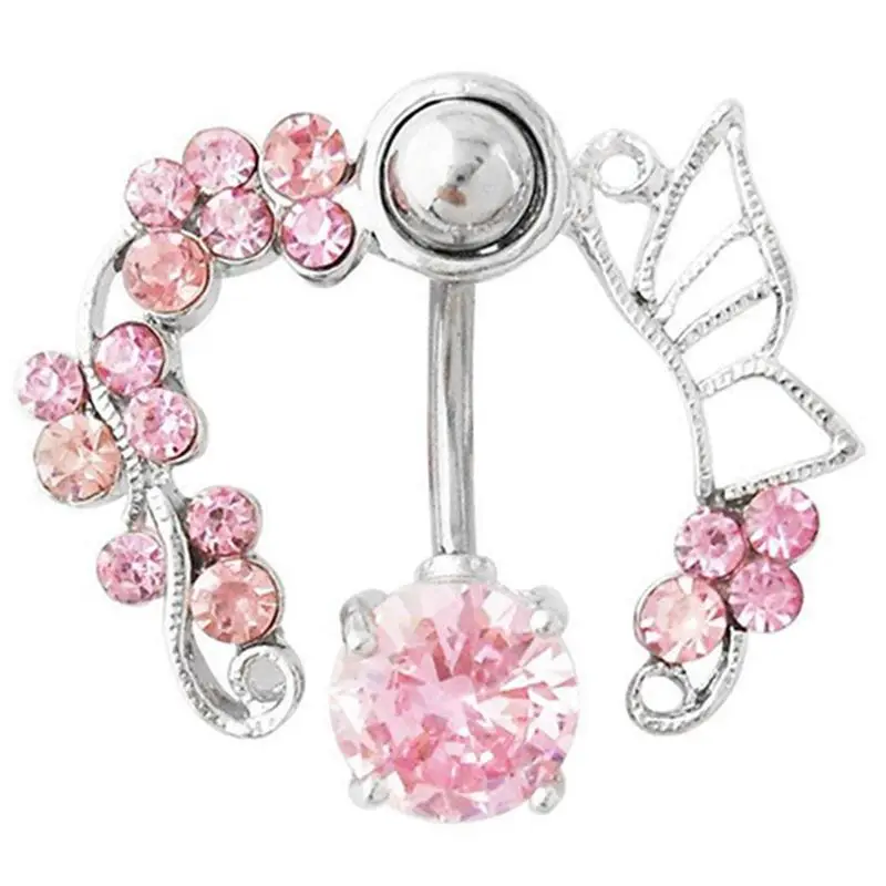 

Pink Butterfly Flower Belly Ring Navel Studs Body Piercing Jewelry