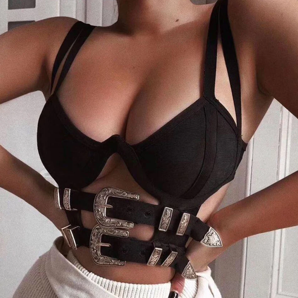 Black ADYCE летний женский топ с вырезами и повязкой, однотонный сексуальный облегающий женский топ без рукавов с черными металлическими пуговицами - Цвет: Black
