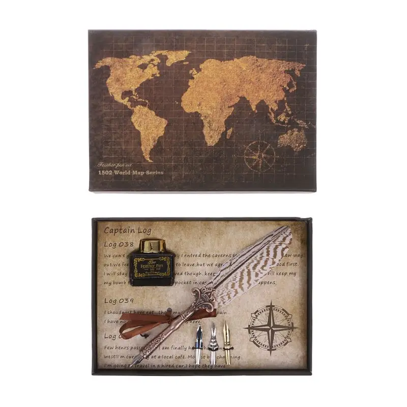 

Antique Quill Feather Dip Pen Writing Ink Set Stationery Gift Box Fountain Pen