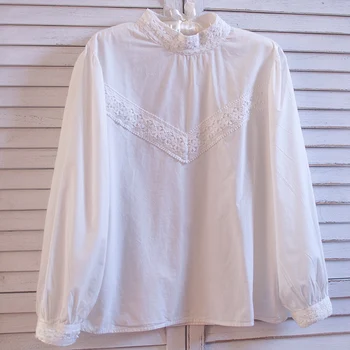 

Sweet lolita shirt 2020 mori girls autumn vintage boho stand collar long sleeve embroidery white cotton blouse tops