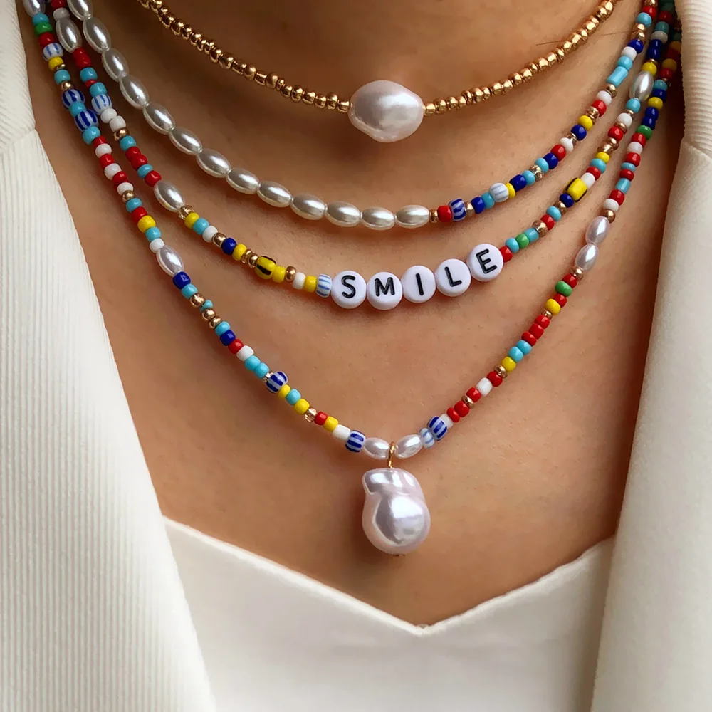 Bohemian Irregular Smile Beaded Pearl Necklace for Women Colorful Round Eye Beads Chain Choker Beach Vacation Jewelry | Украшения и