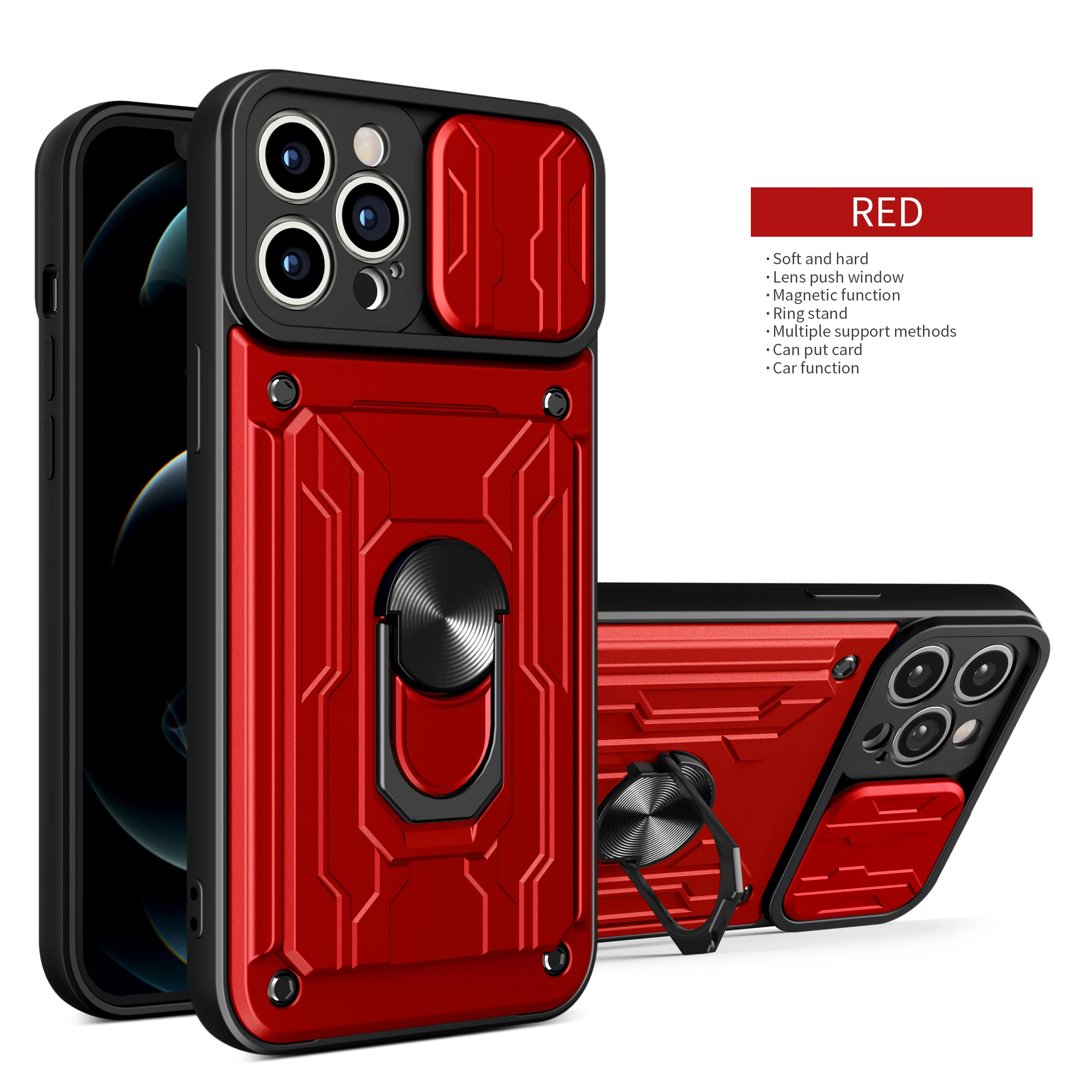 For iPhone 13 12 11 Pro Max Case Slide Stand Kickstand Ring Camera Military Grade Card Slot SE 2020 XR XS Max X XS 8 Plus Cover