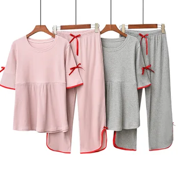 

Spring Summer Pajamas Ladies Suit Cotton Short-Sleeved Pyjamas Cropped Pants пижама Cool Comfortable Bow Home Service Suit