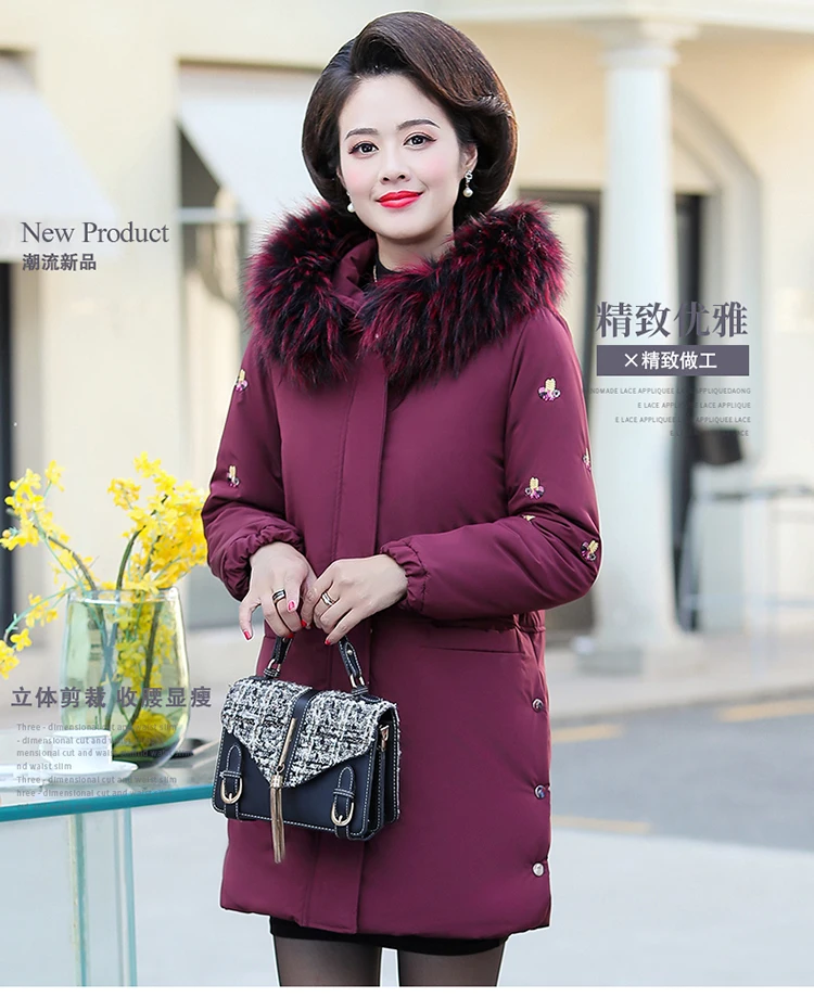 New Parkas Female Fur collar Winter Coat Women Thick Cotton Winter Jacket Women Fashion Outwear Parkas Mother's embroidery Coat