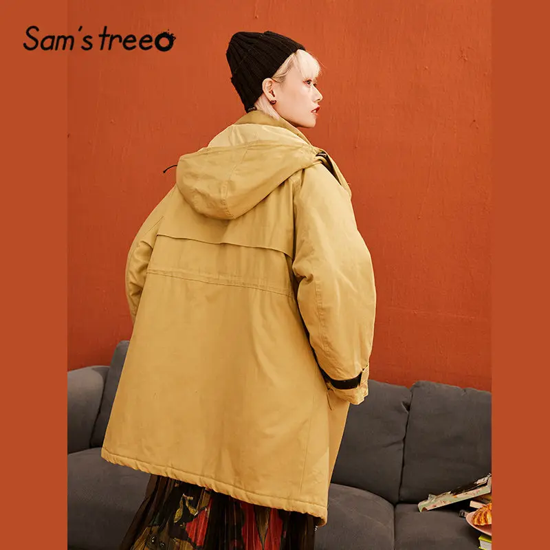 SAM'S TREE, черные одноцветные, с узелком вырезом, Женское пальто, зима, хаки, чистый, однобортный, свободный, Повседневный, офисная, женская верхняя одежда